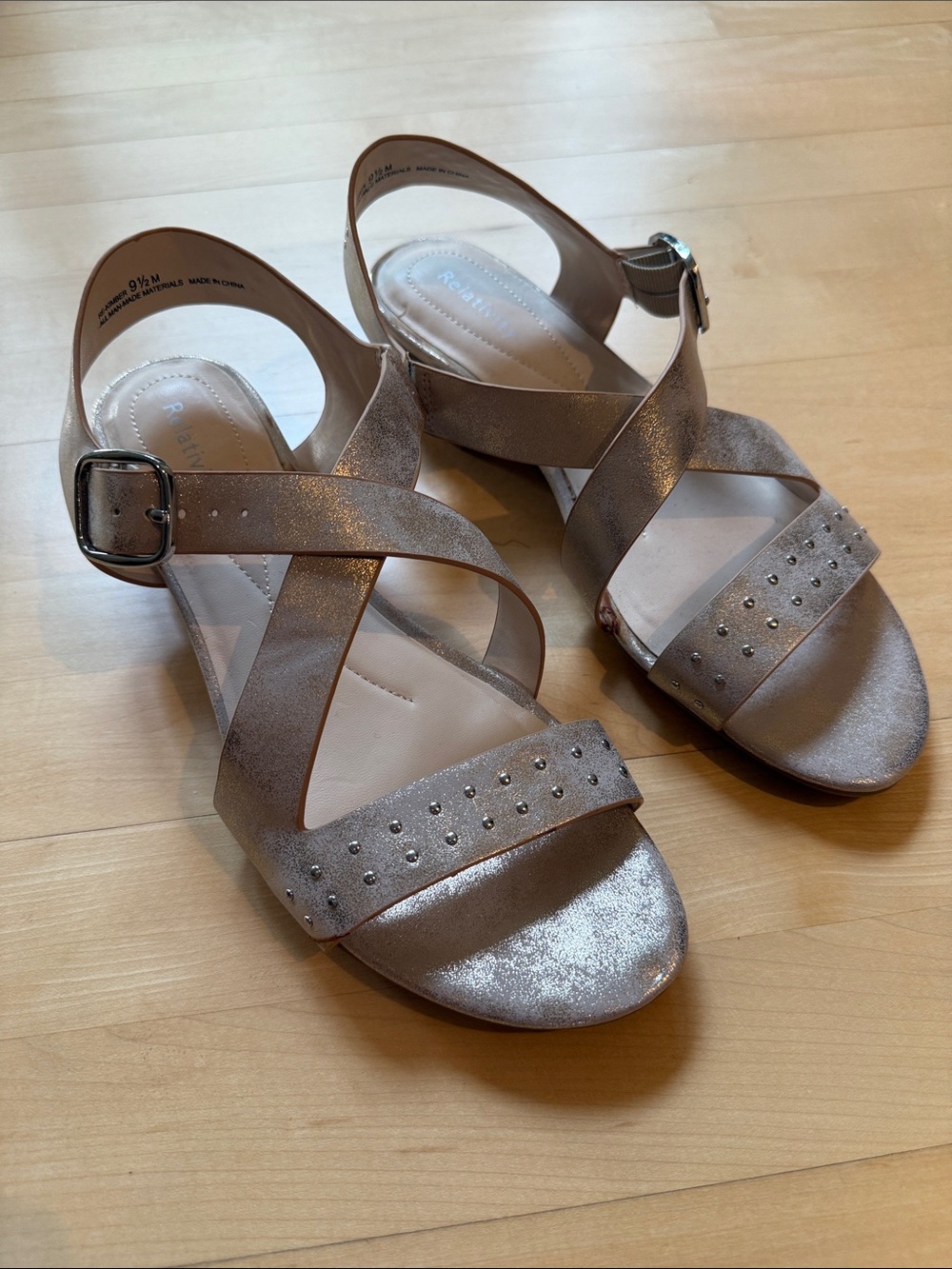 Relativity Shimmery Taupe Cross-Strap Sandals with Stud Detail